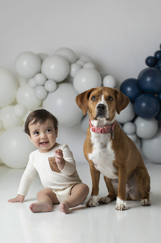 Cake Smash Photo Session at Brooklyn Baby Photo Studio in Windsor Terrace Brooklyn, NY. 1 year old baby with best friend dog for first birthday